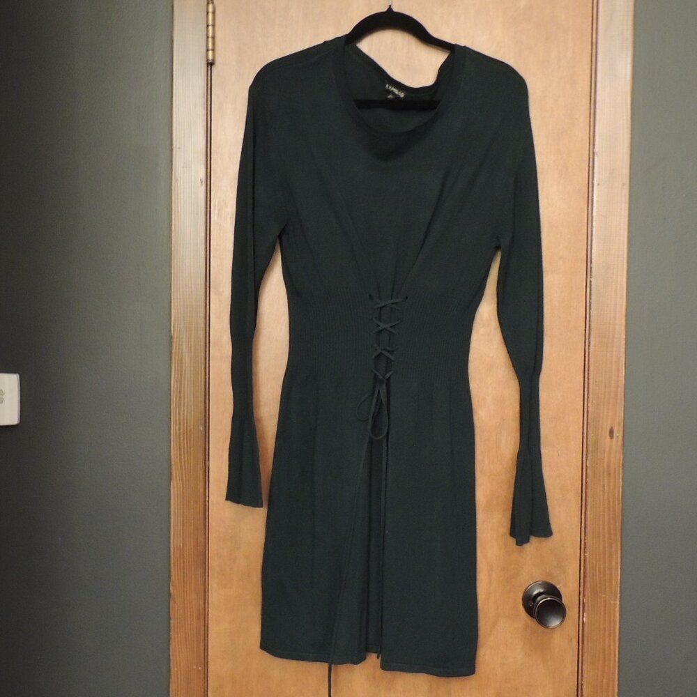 Express Dark Green Knit Lace-Up Waist Bell Sleeve Dress | Size M